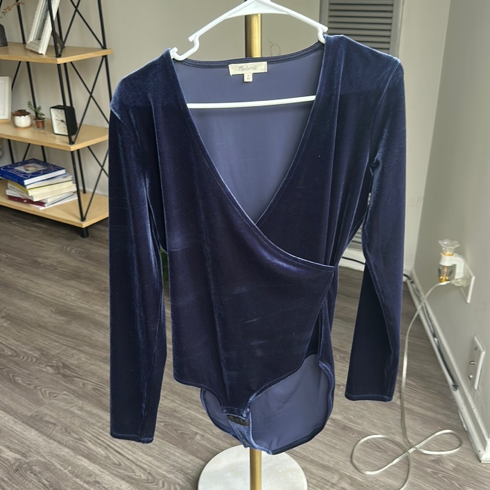 Madewell Navy Velvet Wrap Bodysuit